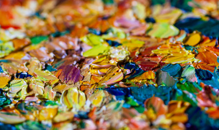 Background of brush strokes with oil paints with yellow flowersの写真素材