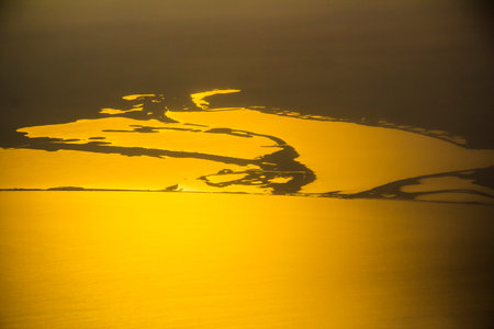 Black Sea and the estuaries of Romania, Lake Sinoe, Lake Golovita from an airplaneの写真素材