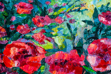 Floral themes in art. Picturesque red poppies in oil painting.の写真素材