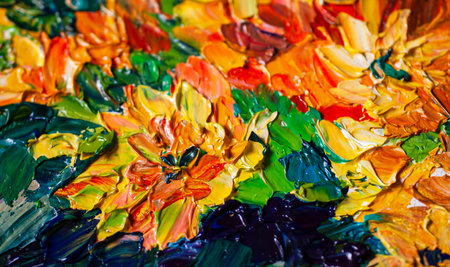 macro artist's palette, texture mixed oil paints in different colorsの写真素材