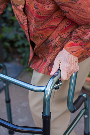 Elderly woman walking with collapsible walker on pavement in garden.の写真素材