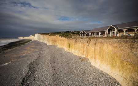 Jurassic coast at Seven Sisters at sunset, England, UKの写真素材