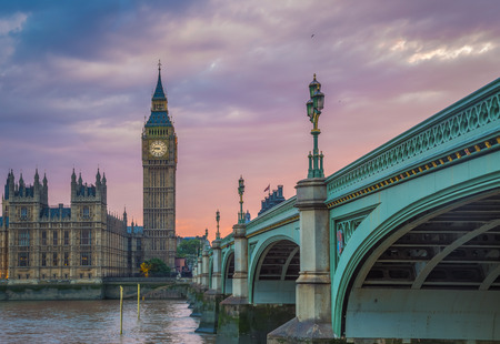 Westminster Bridge with the Big Ben at sunset, London, UKの写真素材