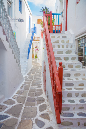 Streetview with stairs of Mykonos town, Greeceの写真素材