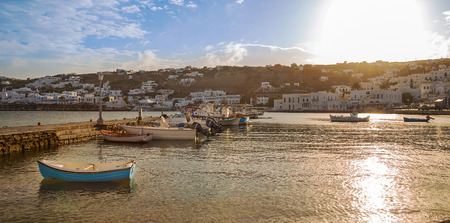 Old Port of Mykonos City with boats at sunset, Greeceの写真素材