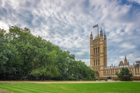Palace of Westminster, Houses of Parliament and Victoria Tower shot from Victoria Tower Gardens, London, UKのeditorial素材