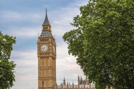 The Big Ben with trees, London, UKの写真素材