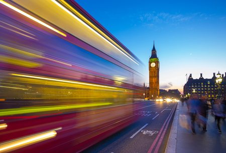 Big Ben with Double Decker bus and crowd at London, UKの写真素材