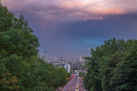 Skyline of central London with storm clouds from Holloway Bridge, UKのeditorial素材