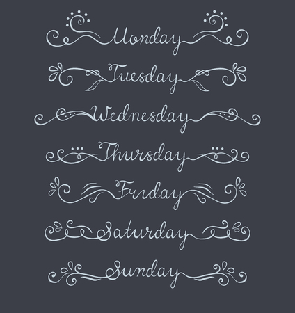 Hand lettering days of week with flourish elements isolated on chalkboard.のイラスト素材
