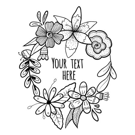 Vector hand drawn abstract floral wreath isolated on white background.のイラスト素材