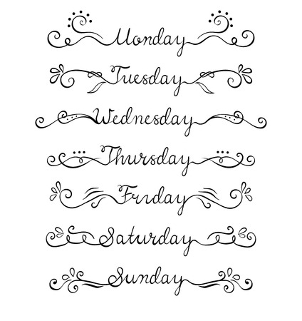 Hand lettering days of week with flourish elements isolated on white background.のイラスト素材