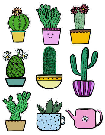 Set of doodle hand drawn color cactuses isolated on white background. Vector illustration.の写真素材