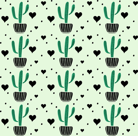 Vector doodle cactus seamless pattern with black hearts.