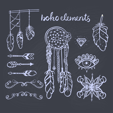 Set of boho style hand drawn elements: dreamcatcher, feathers and arrows -  isolated on white background.のイラスト素材