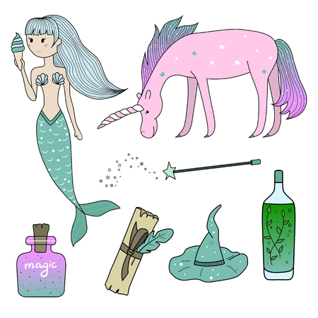 Magic design elements: unicorn, mermaid, hat, bottles, magic wand. Vector illustration.のイラスト素材
