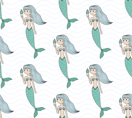 Seamless pattern with mermaids and waves. Vector ilustration.のイラスト素材
