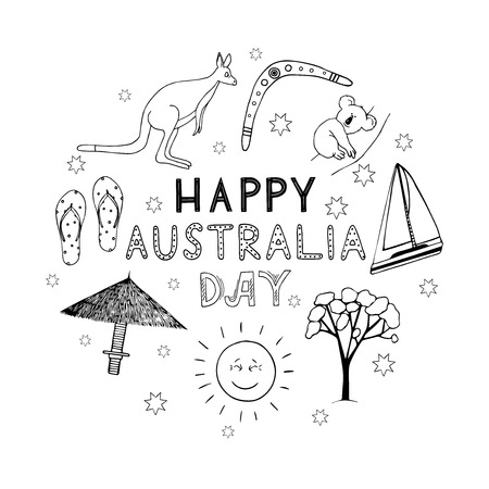Hand drawn lettering with doodle australian symbols for Australia Day. Inscription for cards, posters, banners.のイラスト素材