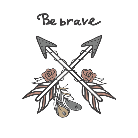 Crossed arrows with feathers with phrase - Be Brave. Hand drawn vector boho illustrration for your design.のイラスト素材