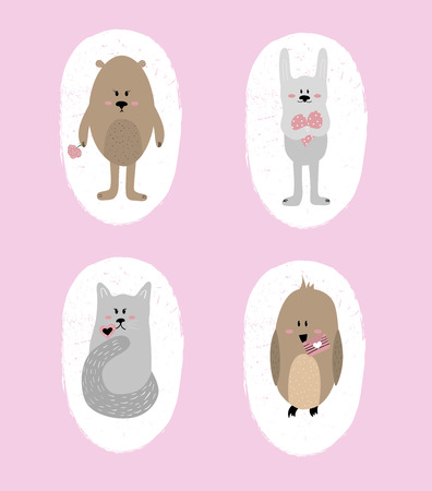 Set of cute animals isolated in white textured elipses. Ideal template for design of greeting cards, home decoration, scrapbooking etc. のイラスト素材
