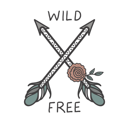 Crossed arrows with flower and words - Wild, Free. Vector illustration in boho style.のイラスト素材