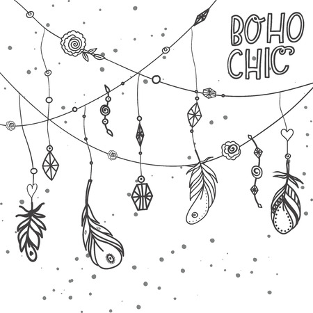 Boho feathers with diamonds and flowers. Tribal doodle vector illustration.のイラスト素材