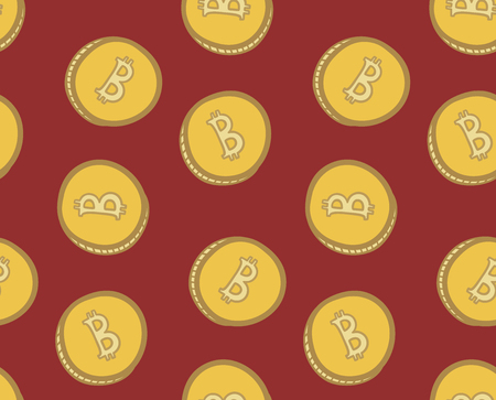 Bitcoins on red background seamless pattern. Vector commerce concept coillustration.のイラスト素材