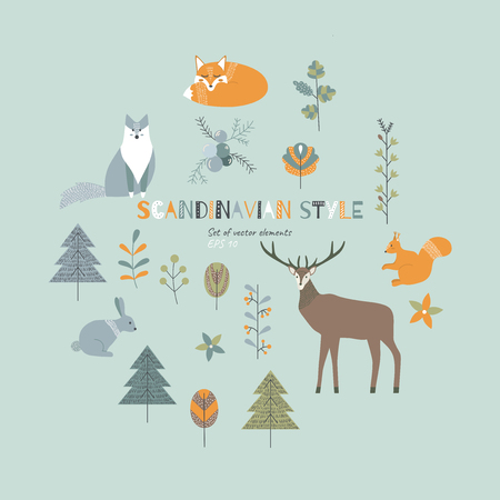 Collection of Scandinavian design elements isolated on blue background. Vector illustration of  deer, arctic fox, squirrel, fox, hare. Ideal for design of greeting cards, posters, home decoration.のイラスト素材