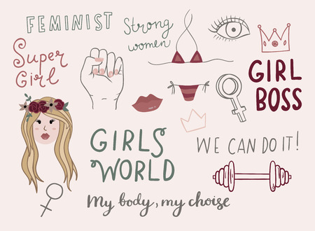 Feminist hand drawn doodles with phrases - We Can Do It, Girls World etc. Vector handmade illustartion.のイラスト素材
