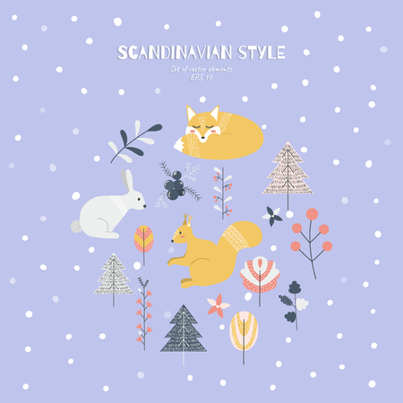 Set of animals and floral elements in scandinavian style. Vector illustration.のイラスト素材