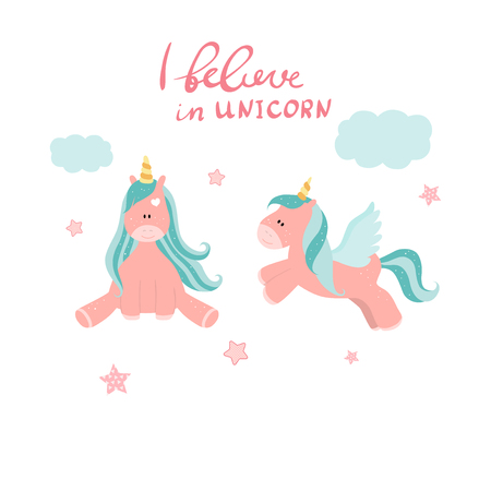Cute cartoon unicorns with clouds and stars isoated on white background.のイラスト素材