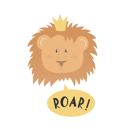 A cute lion face with crown and text - Roar! Vector illustration, ideal for t-shirt prints.のイラスト素材