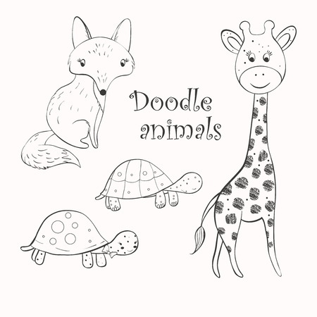 Collection of outline hand sketched animals - giraffe, fox and turtles.のイラスト素材