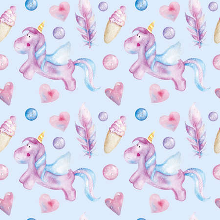 Cute seamless pattern with cartoon unicorn, feather, buttons and heart. Can be used for kids fabric, wallpaper, wrapping paper.の写真素材