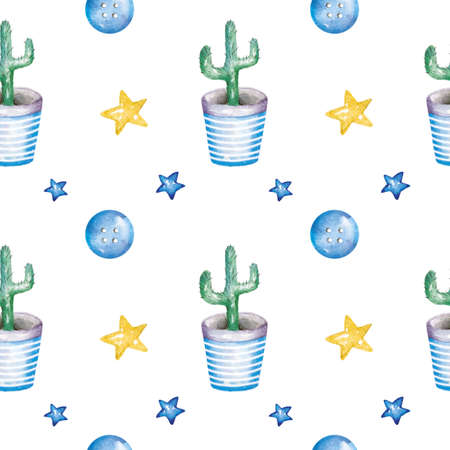 Watercolor seamless pattern with cactus in pot, buttons and stars. Hand drawn illustration, ideal for home textile, wallpaper.の写真素材
