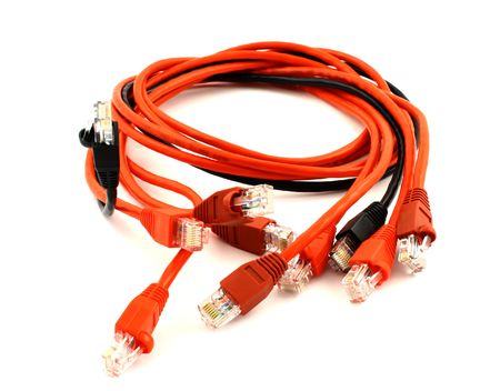 Roll of red telecommunication cables with endings