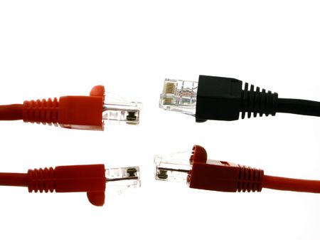 Couples of red and black RJ45 endings against each other on the white back ground