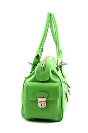 View at green handbag with side pocket on a white backgroundの写真素材