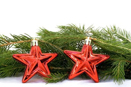 Two shining christmas red stars on a spruceの写真素材