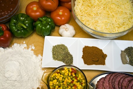 Top view at fresh and tasty pizza ingredientsの写真素材