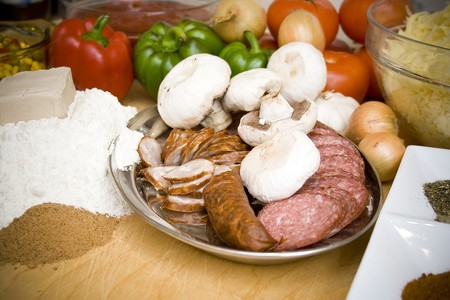 Close up at super tasty pizza's ingredients ready to prepareの写真素材