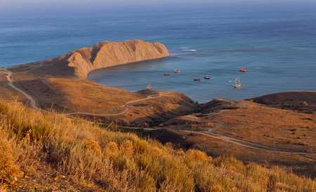Top view of the Cape Chameleon off the coast of the Black sea.At sunset.の写真素材