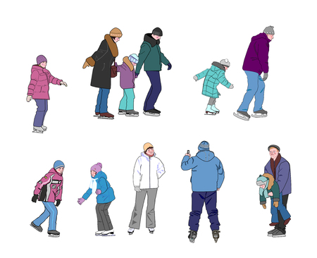 Different people in the winter skate on the rink on skates.のイラスト素材