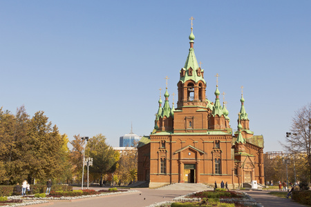 Beautiful old Church in the center of the city in autumn Sunny day.の写真素材