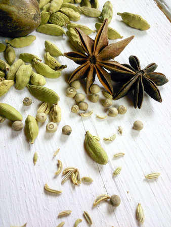 Various spices on white table.の素材