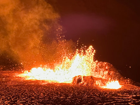 The volcano of Geldingadalir is erupting, Grindavik, Icelandの写真素材