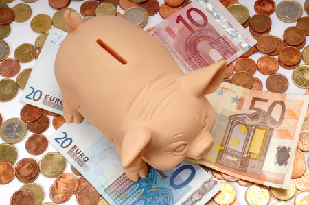 Pink piggy bank on euro coins and billsの写真素材