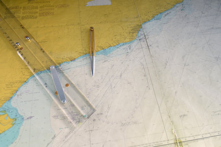 Sea route map, compass and rulerの写真素材