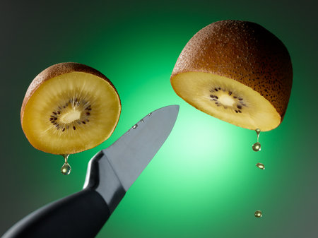 Knife cutting a kiwi in two partsの写真素材