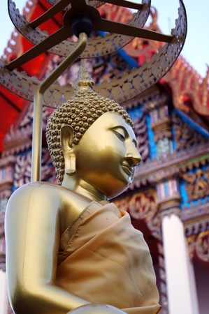 Statue of Buddha with temple backgroundの写真素材